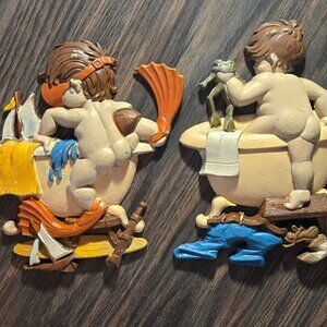 Vintage SEXTON Cast Iron Wall Hangings Set of Two Cherubic Tots Playing in Tub